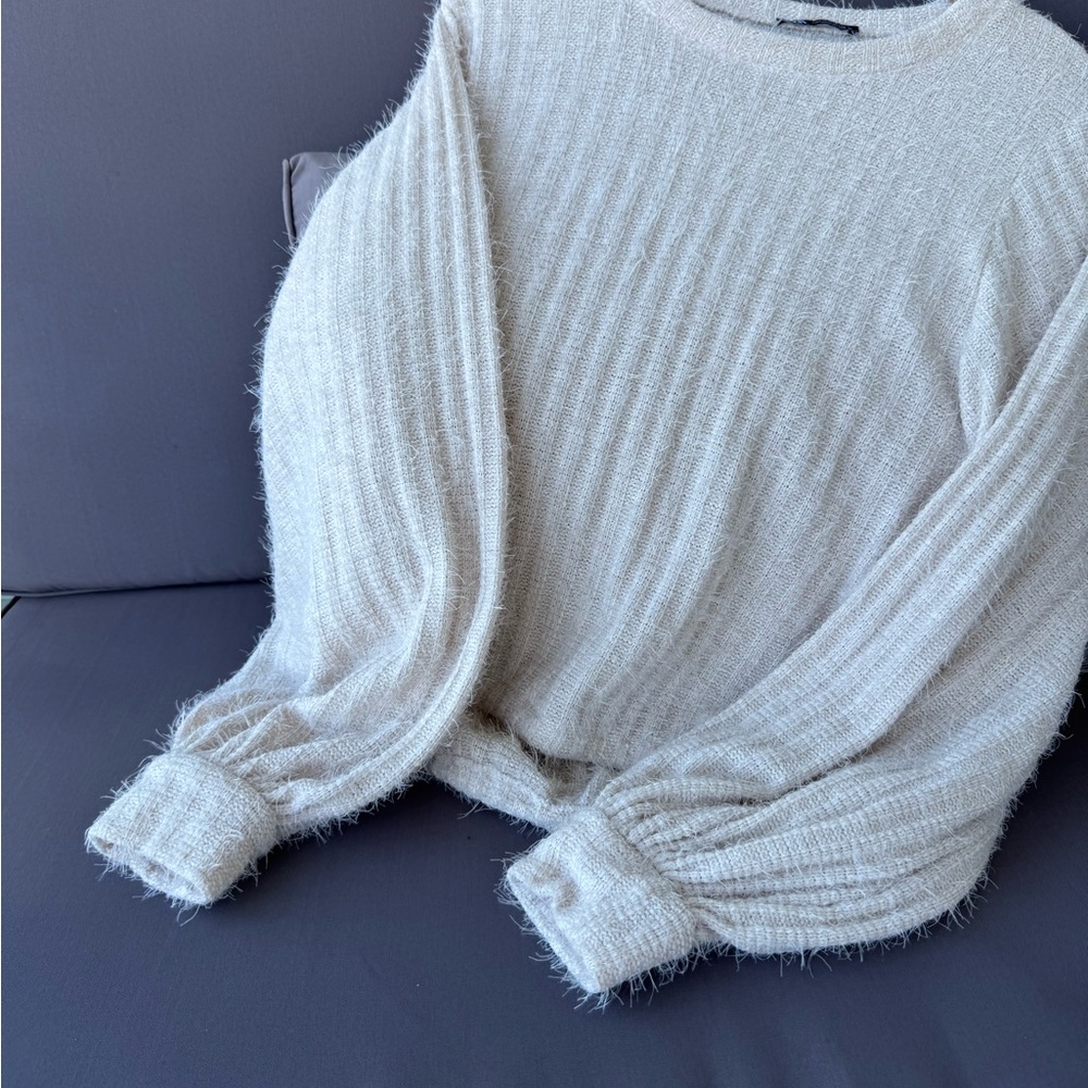 NWOT Zara Cream Ribbed Women's Sweater Cuffed Sleeve - Picture 8 of 8